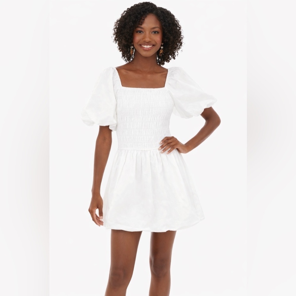 Hyacinth House Caterina Mini Dress NWT L White Cotton Smocked Puff Sleeve - Picture 11 of 11